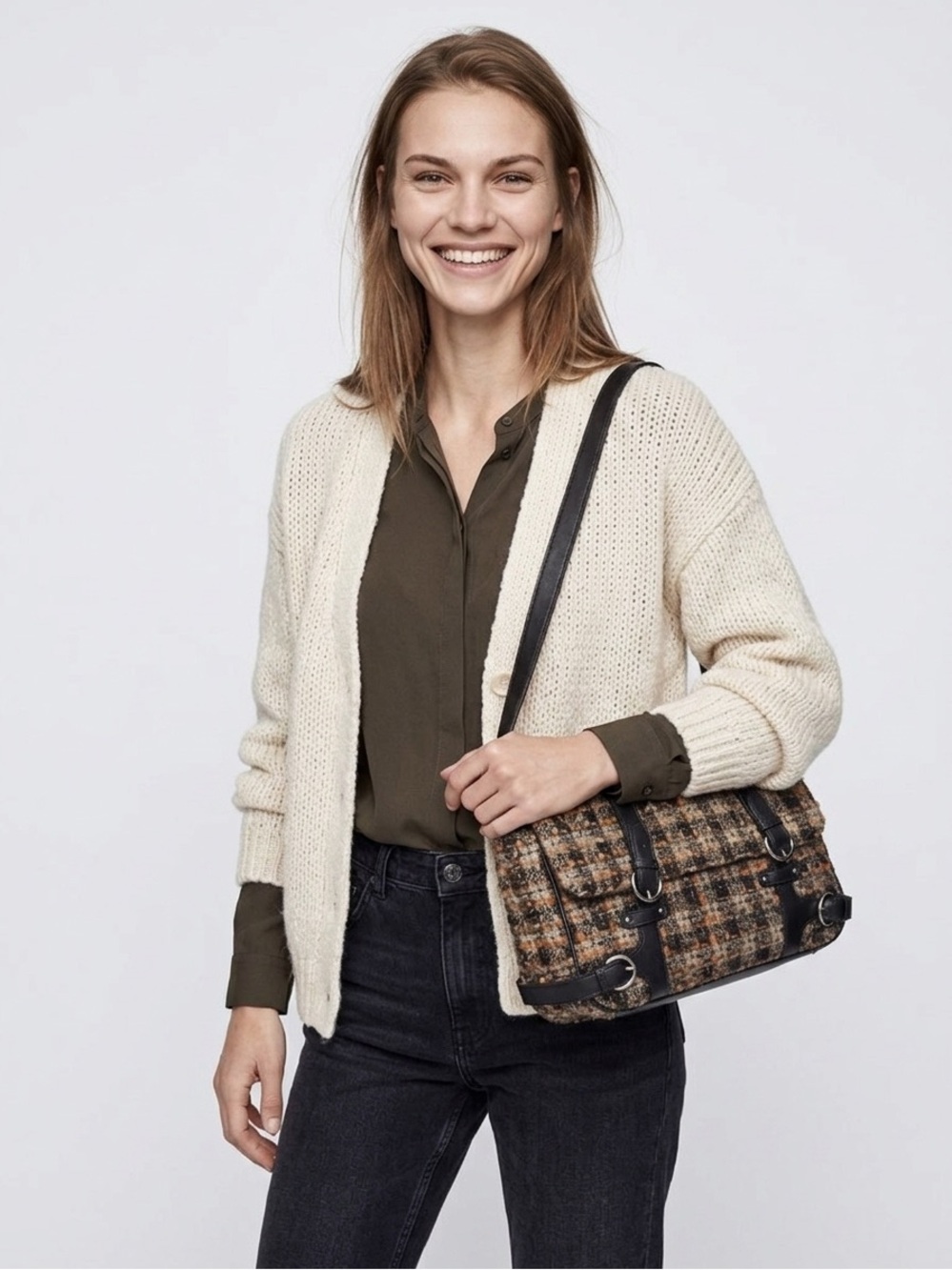 ANN TAYLOR LOFT EUC VINTAGE TWEED AND LEATHER SHOULDER BAG